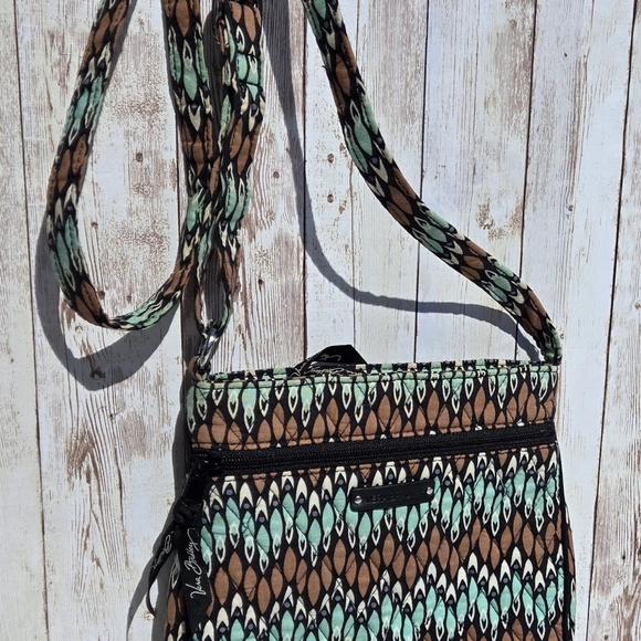 Vera Bradley Handbags - Vera Bradley Small Crossbody Bag Teal Brown Feather Print Adjustable Strap EUC